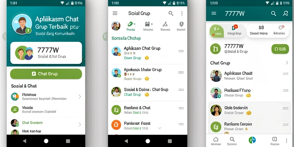 Tampilan antarmuka modern aplikasi 7777W untuk Chat Grup.